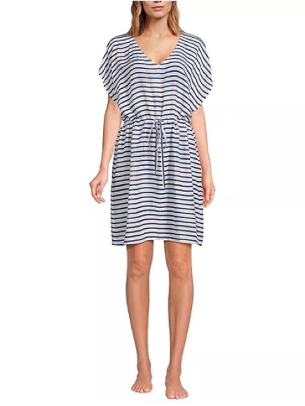 Lands' End Sheer Oversized Gathered Waist Swim Coverup Dress L navy white stripe